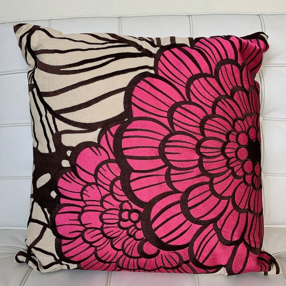 Trina Turk “Jungle Bloom” Embroidered Pillow 20"x20" – Pink & Brown Floral – NOS